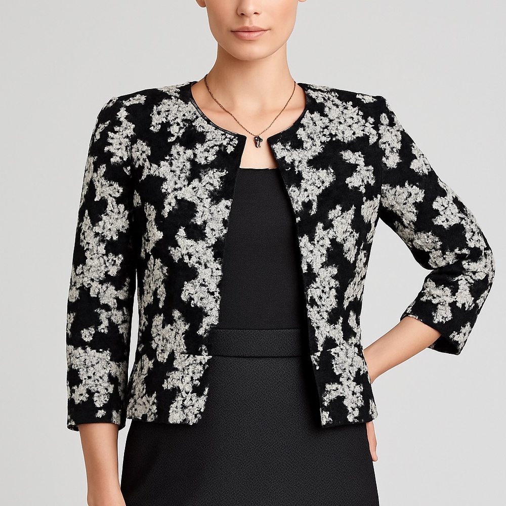 St. John Black & White Bouclé Cropped Jacket - Silk Lined - Size Small